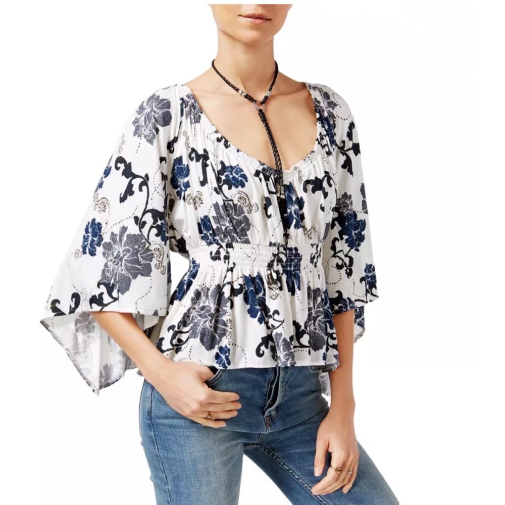 FREE PEOPLE Glenside Angel Sleeve Floral Open Back Boho Top